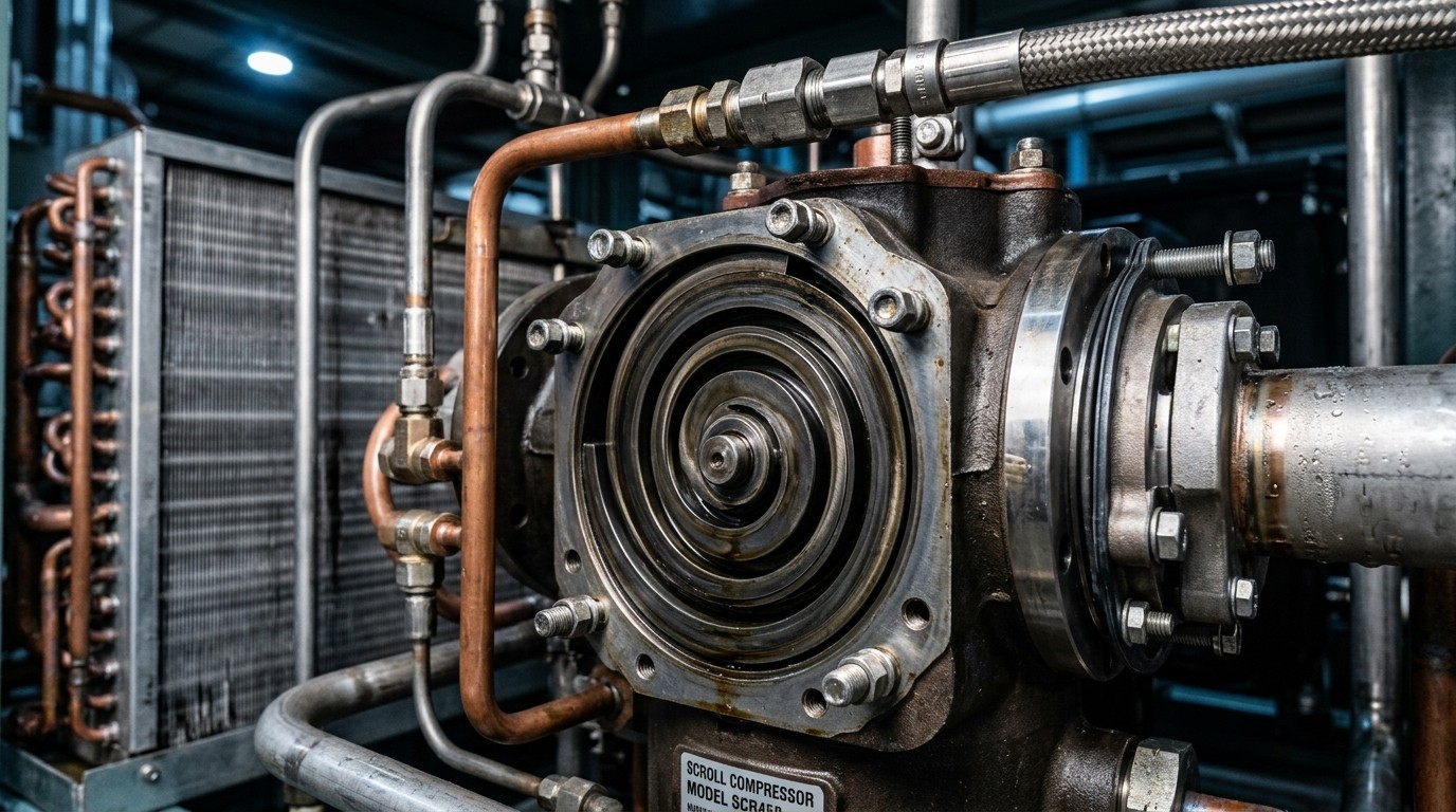 Спиральный компрессор внутри промышленного чиллера крупным планом