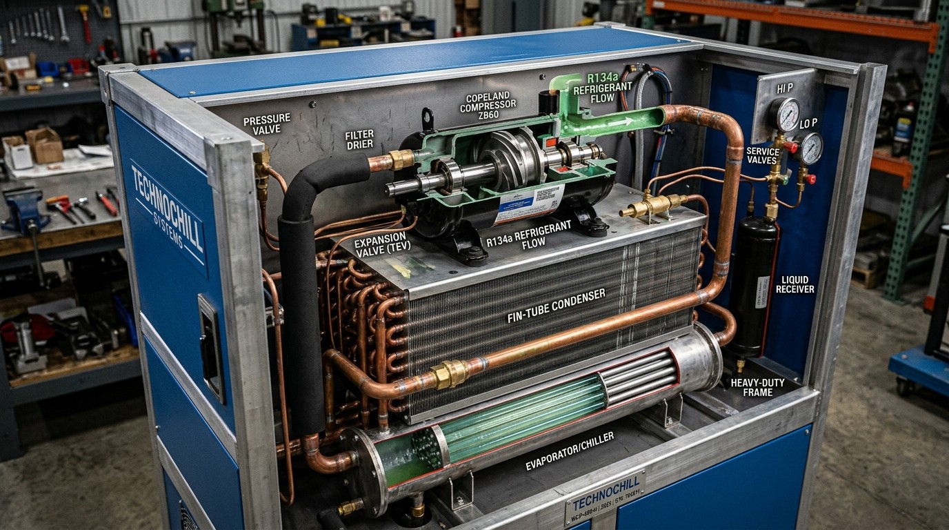 Схематический разрез промышленного чиллера с хладагентом, компрессором и конденсатором
