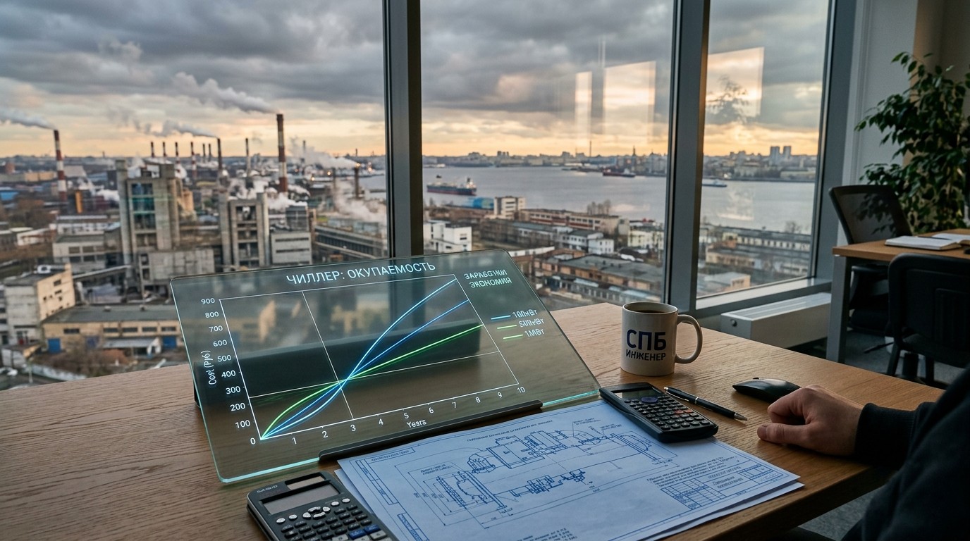 График окупаемости чиллера: кривые затрат и экономии для разных мощностей на фоне фабрики в СПб