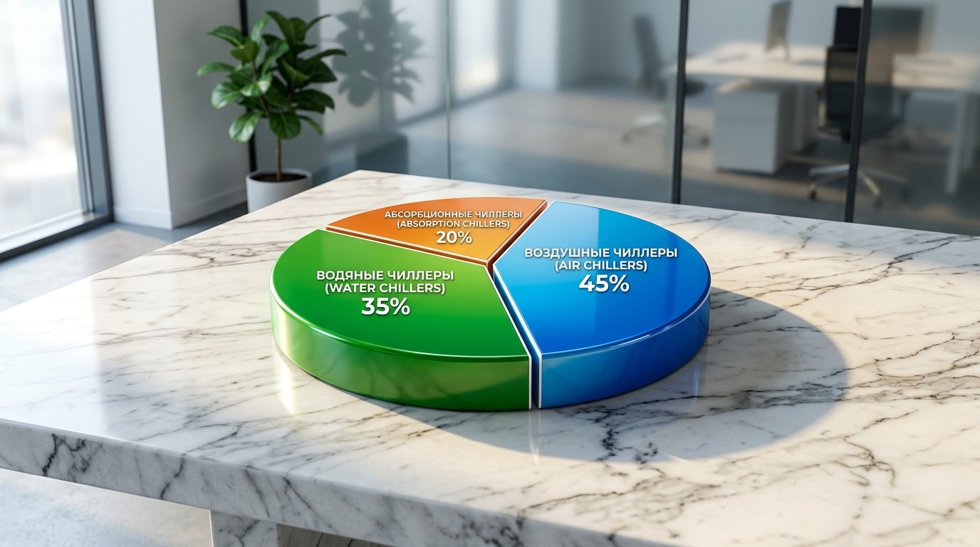 Круговая диаграмма доли рынка чиллеров: воздушные 45%, водяные 35%, абсорбционные 20%